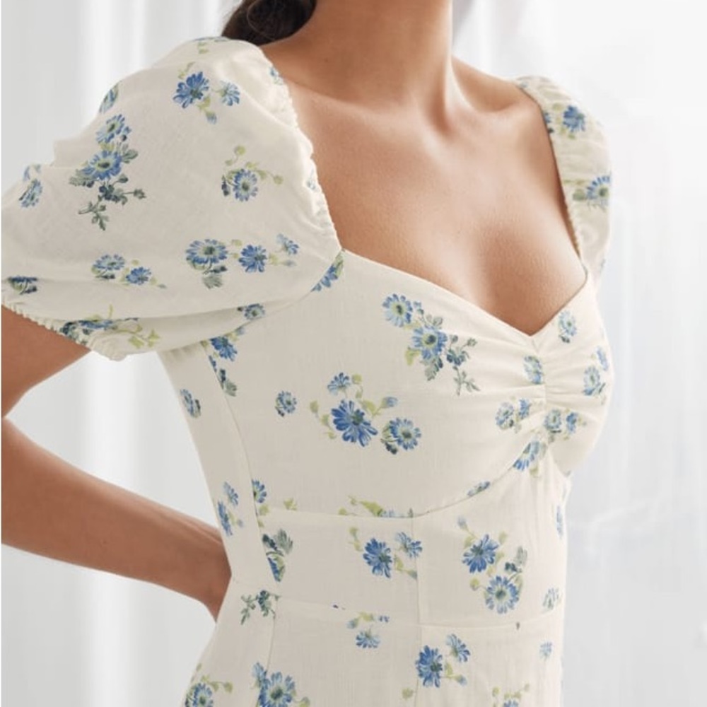 & Other Stories Cream Floral Midi Dress with Blue Blossoms
